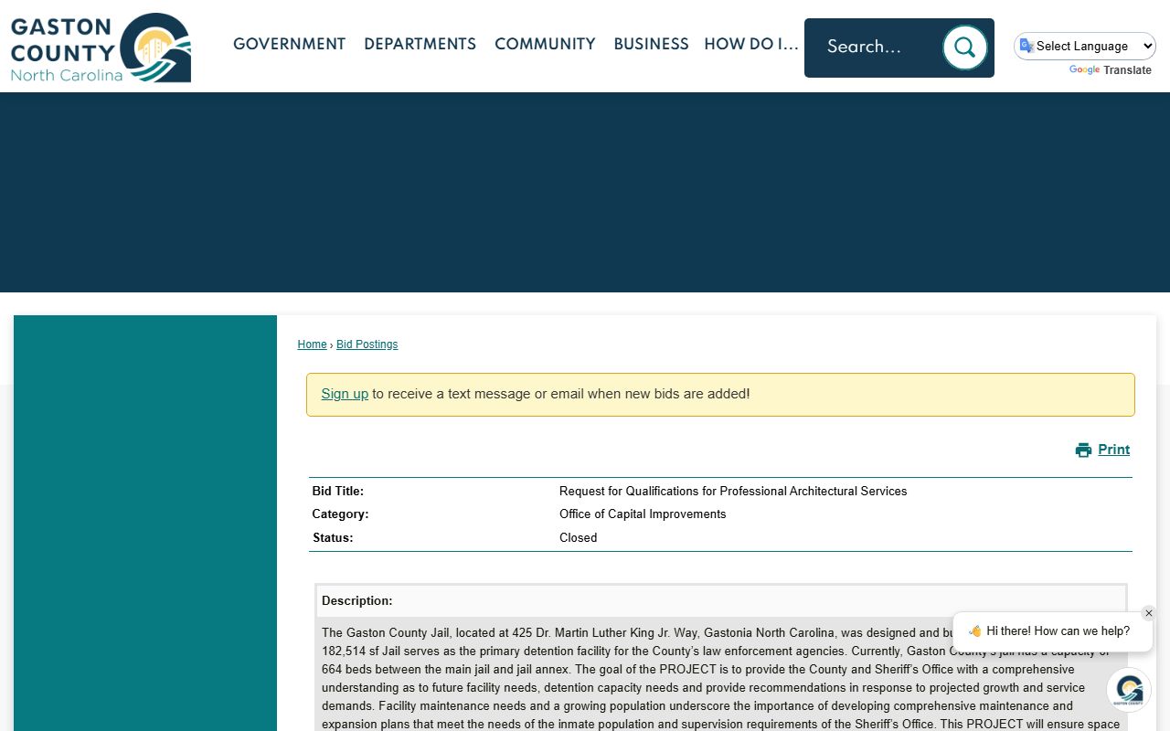 Gaston County inmate population jail capacity RFQ page