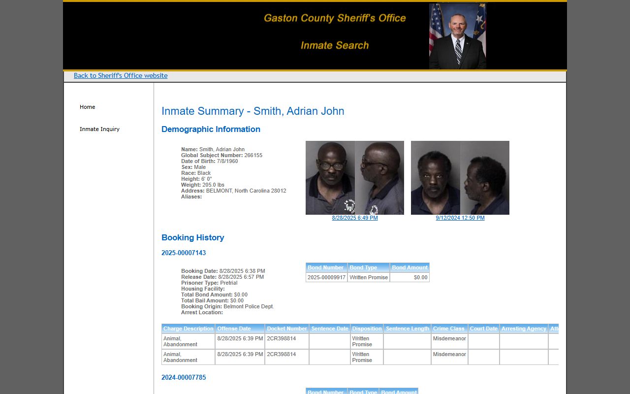Gaston County inmate records sample profile with booking photos and charges