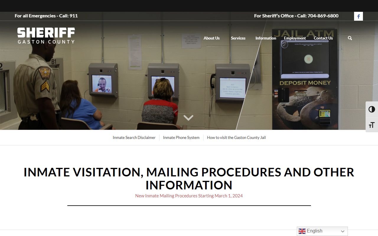 Gaston County Jail Annex visitation schedule and inmate mail rules